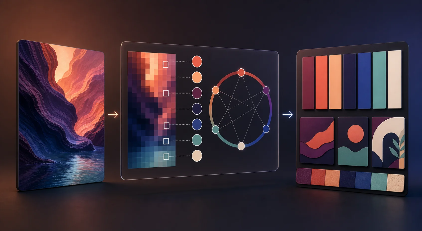 Conceptual color palette extraction workflow from a source image through color analysis to design-ready swatches