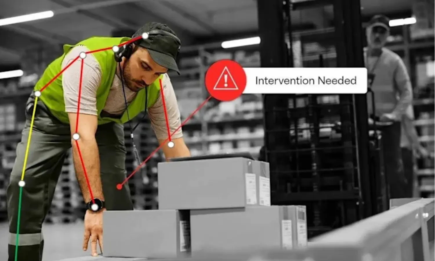 Illustrative warehouse work-video scene with pose landmarks and an intervention-needed ergonomic review cue